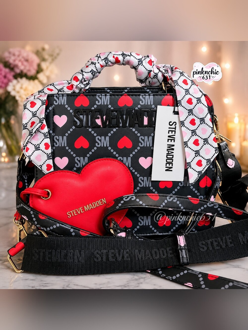 Steve Madden Bevelyn Hearts Black and Pink Satchel Crossbody Handbag Purse